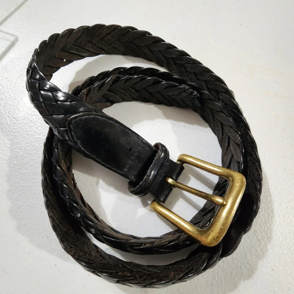 Eddie Bauer Mens Braided Leather Belt Black Solid Brass Buckle Size M